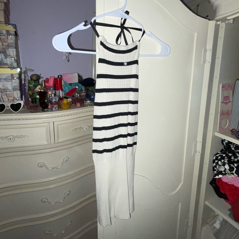 Black and white striped Bebe halter top